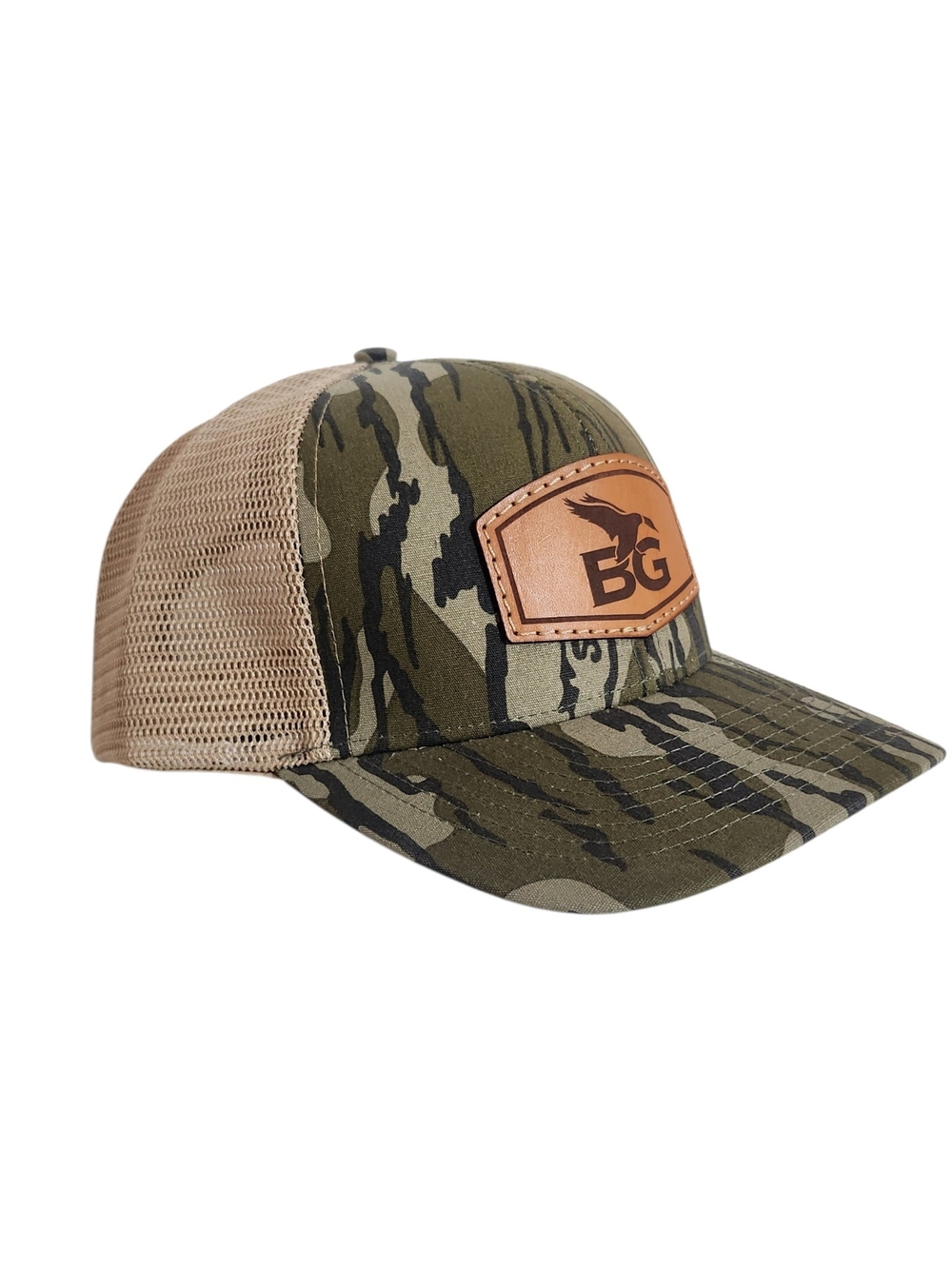 Lost Hat Co Buck Gardner Bottomland Camo Leather Patch Trucker Hat